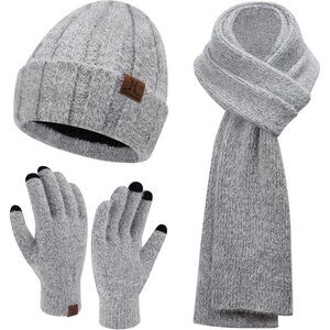 Women's Grey Warm Knit Beanie Hat Touchscreen Gloves Long Neck Scarf Set